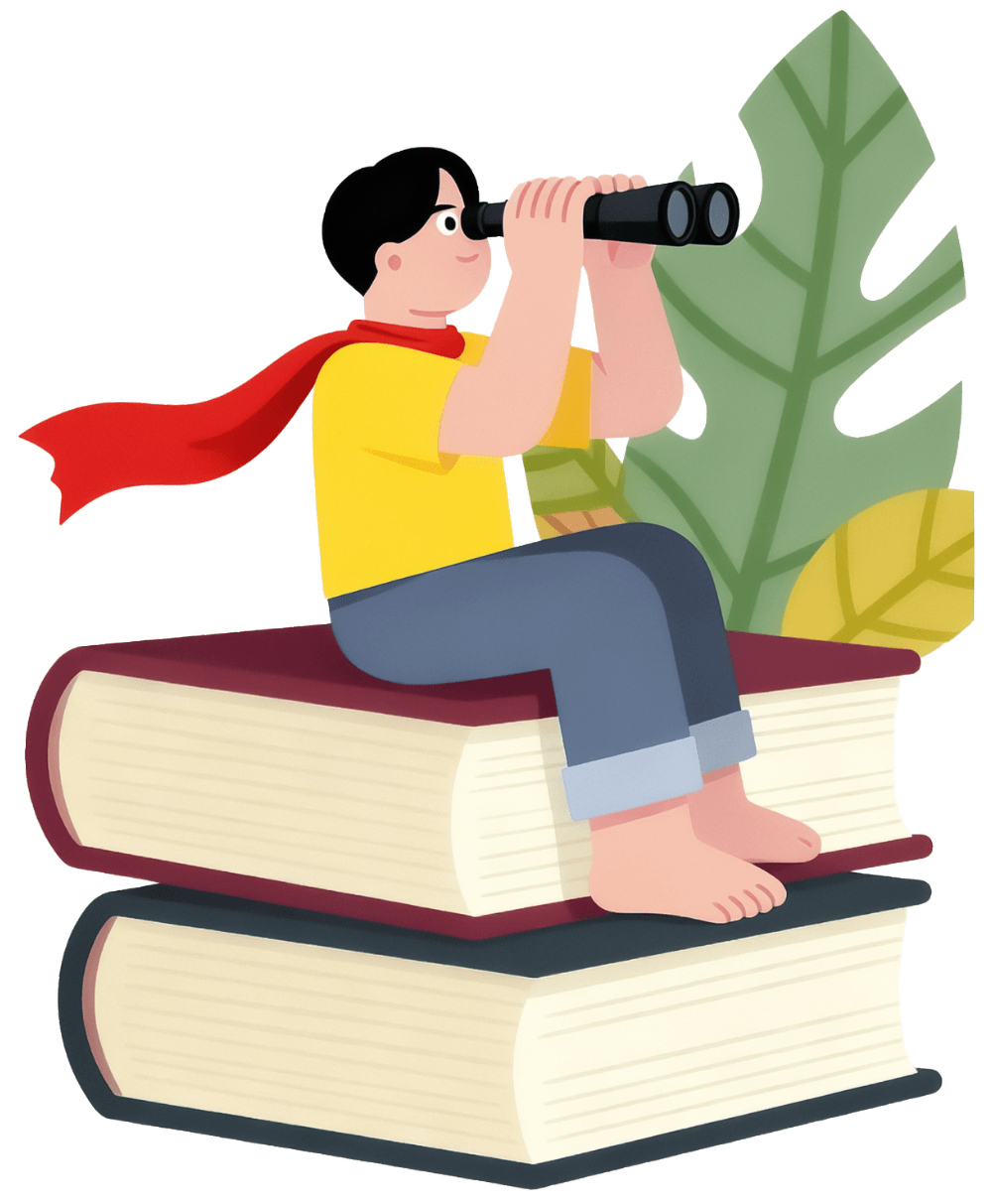 本の上で双眼鏡をのぞき、読みたい本を探している人のイラスト