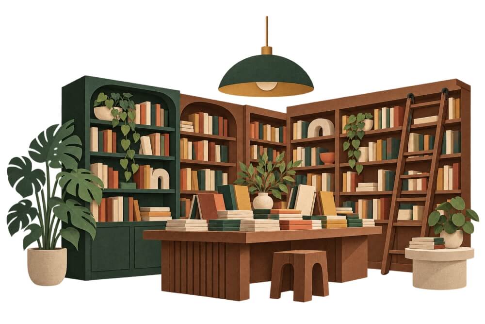 本棚や展示台に本が並ぶ書店のイラスト