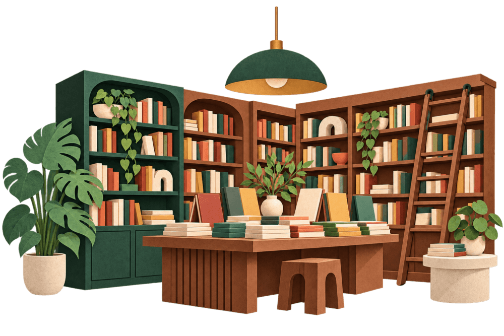 本棚や展示台に本が並ぶ書店のイラスト